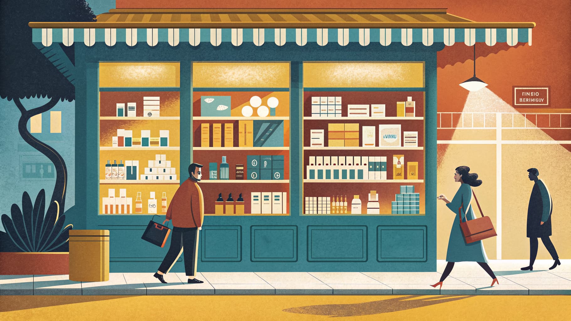 Editorial illustration — a minimalist drugstore beauty shelf with warm-toned lighting and understated product displays.