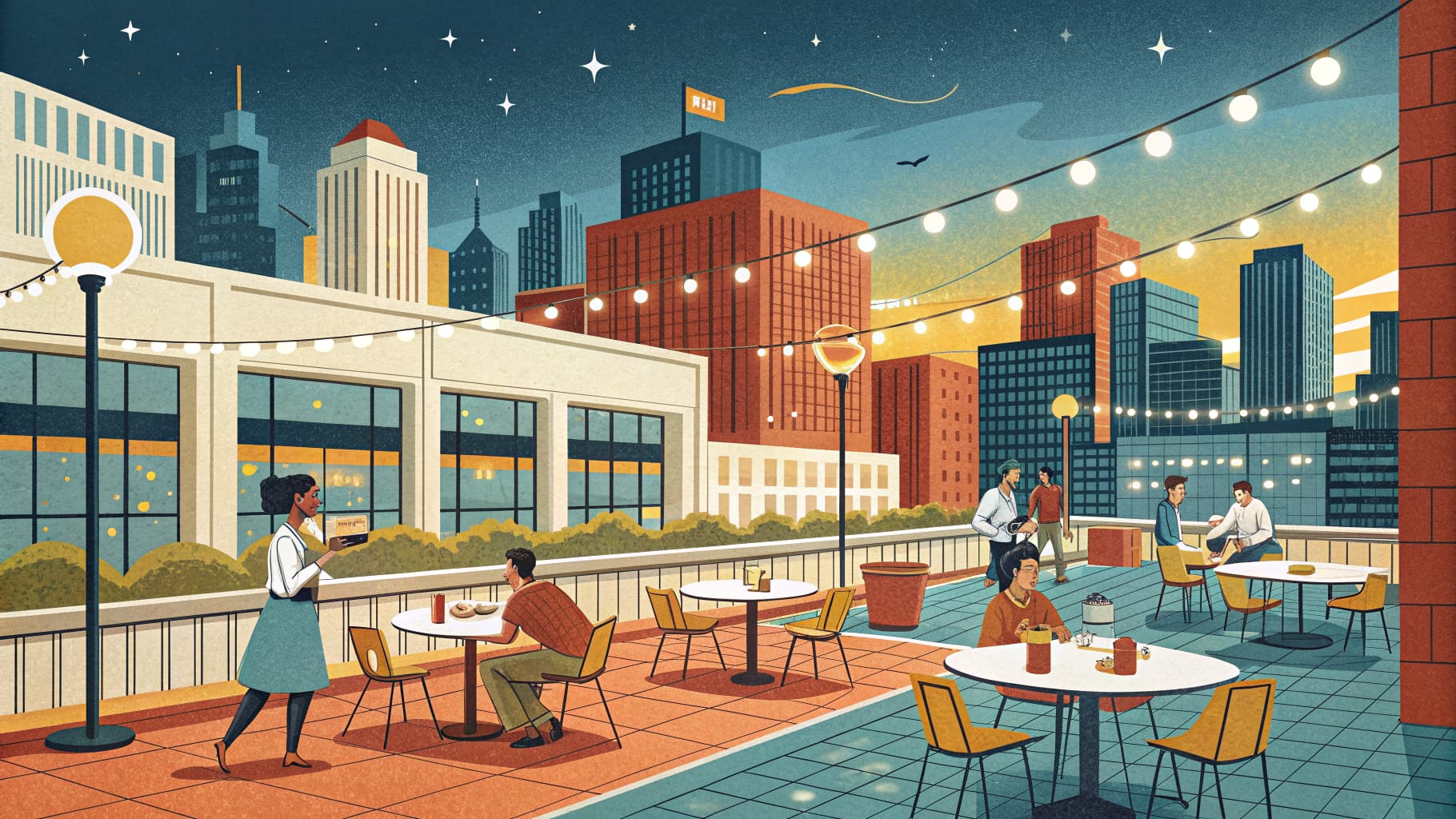 Editorial illustration — an open rooftop terrace at dusk above a city centre shopping complex, empty tables and ambient lighting.