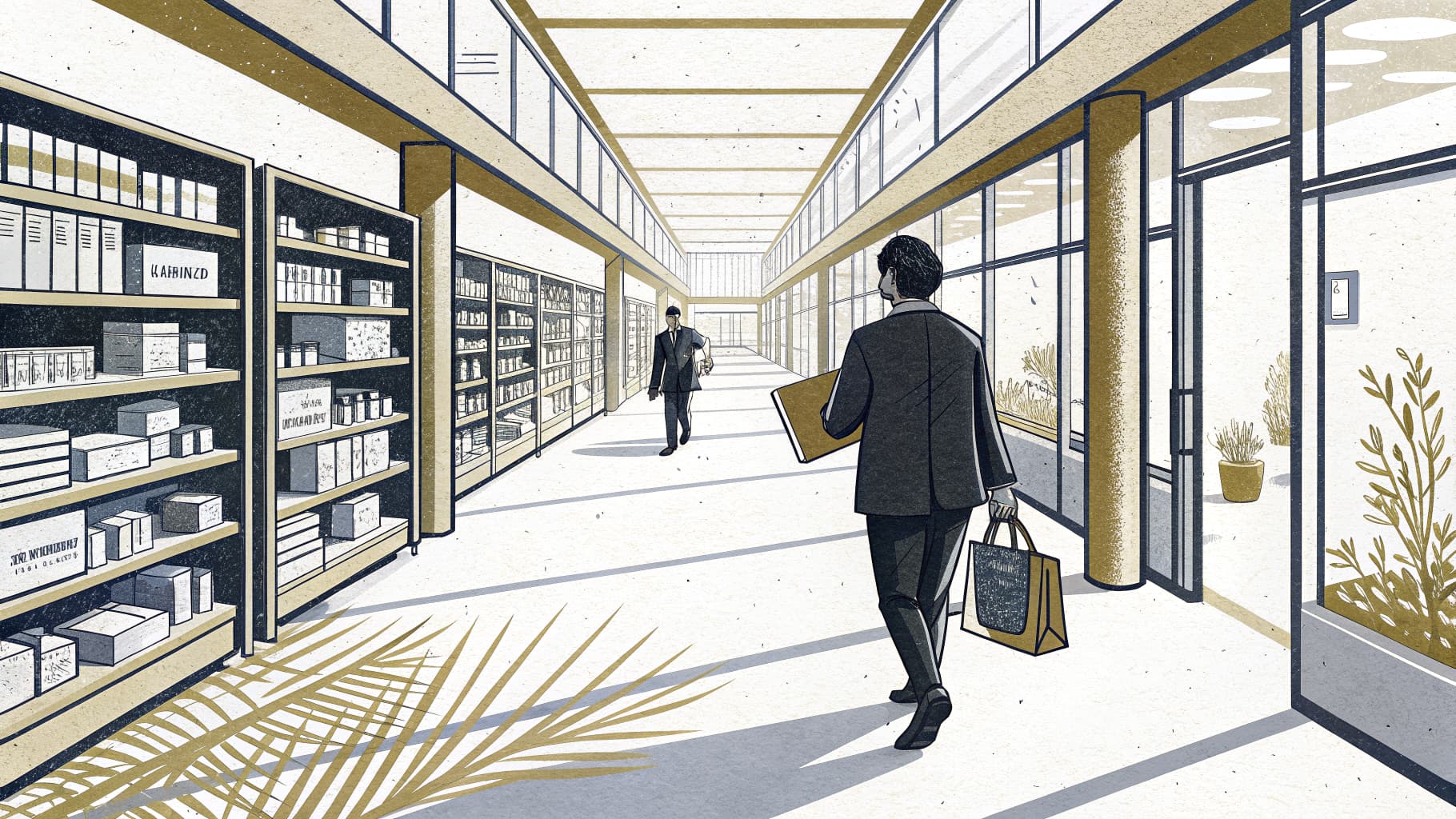 Editorial illustration — a minimalist Japanese retail back-office corridor with shelving and natural light.